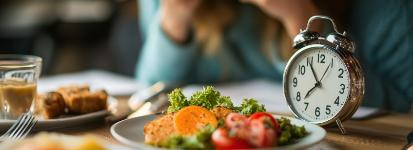 Alimentos saludables en una mesa y un reloj